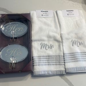 Mr & Mrs Hand towels, tags still attached.His/Hers towel holders. Mr & Mrs frame